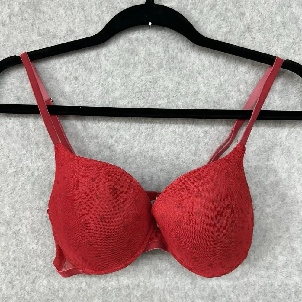 TALLA Women’s Size 36C Red Heart Padded Underwire Bra With Bow And Faux Pearl